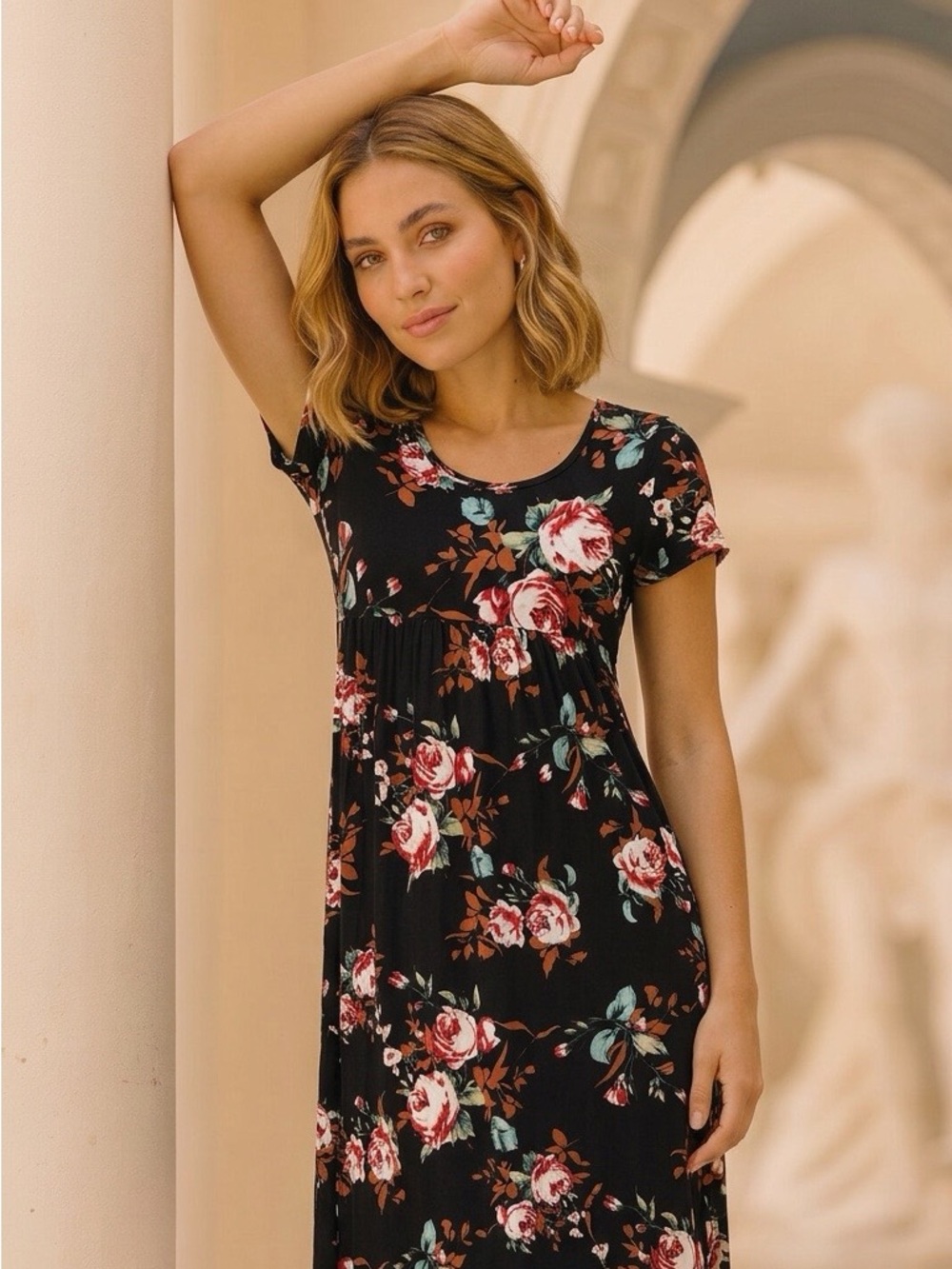 Amazon Essentials Black Floral Short Sleeve Maxi Dress with Rose Print